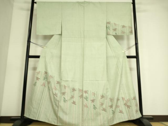 平和屋着物▽訪問着 単衣 紬地 楓文 正絹 逸品 DAAS0558az
