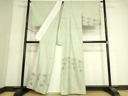 平和屋着物▽訪問着 単衣 紬地 楓文 正絹 逸品 DAAS0558az