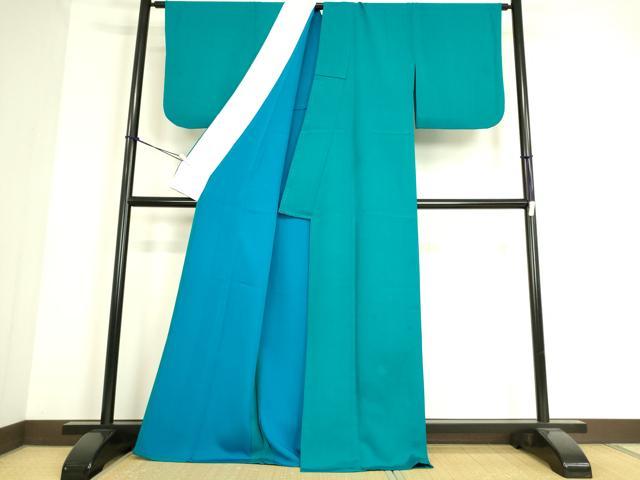 平和屋着物▽上質な色無地　単衣　青緑色　正絹　逸品　DAAS0559az
