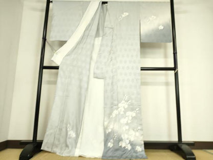 平和屋着物▽訪問着　単衣　総手刺繍　蘭　暈し染め　藤鼠色地　金糸　正絹　逸品　DAAS0568az