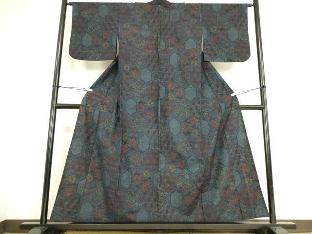 平和屋着物▽結城紬 単衣 亀甲花文 正絹 逸品 DAAS0688az