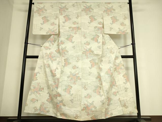 平和屋着物▽上質な紬 単衣 籬花文 正絹 逸品 DAAS0702az