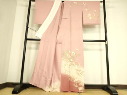 平和屋着物▽訪問着 単衣 菊牡丹文 暈し染め 金彩 正絹 逸品 DAAS0724az