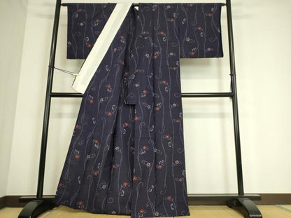 平和屋着物▽上質な紬 単衣 花唐草文 正絹 逸品 DAAS0727az