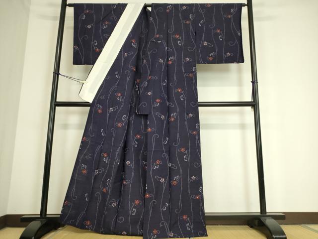 平和屋着物▽上質な紬 単衣 花唐草文 正絹 逸品 DAAS0727az