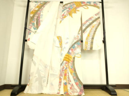 平和屋着物▽豪華振袖 単衣 駒刺繍 束ね熨斗鳳凰花文 金彩 正絹 逸品 DAAS0733az