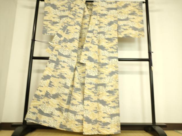 平和屋着物▽上質な紬　単衣　重ね山文　正絹　逸品　DAAS0774az