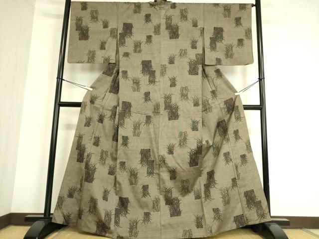 平和屋着物▽上質な紬 単衣 草葉文 正絹 逸品 DAAS0908az
