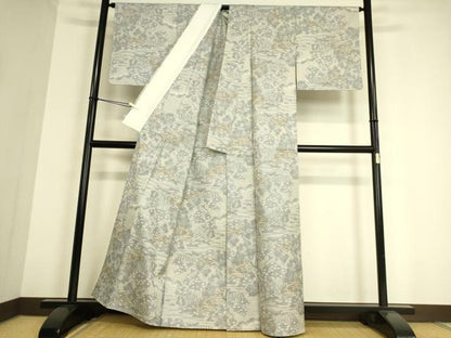 平和屋着物▽上質な紬 単衣 風景樹林文 正絹 逸品 DAAS0912az