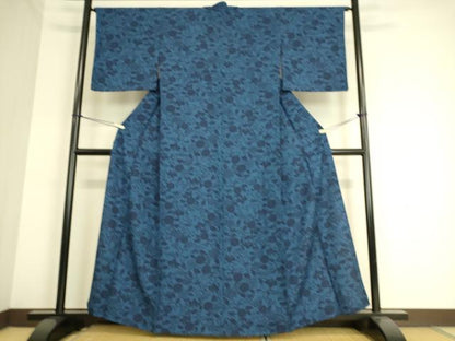 平和屋着物▽本藍 型絵染 小紋 単衣 菊唐草文 正絹 逸品 DAAS0938az