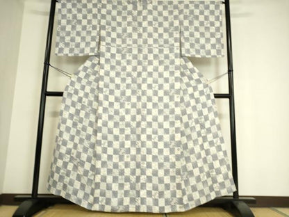 平和屋着物▽上質な小紋 単衣 市松花文 さが美扱い 正絹 逸品 DAAS0953az