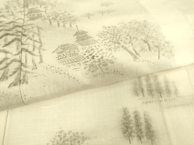 平和屋着物▽訪問着　単衣　紬地　風景山文　手描き　正絹　逸品　DAAS0954az