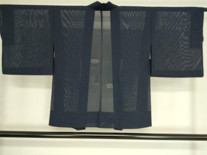 平和屋着物▽羽織 スリーシーズン 春夏秋 塵除け 扇面花紋紗 留紺色 正絹 逸品 DAAS0963az
