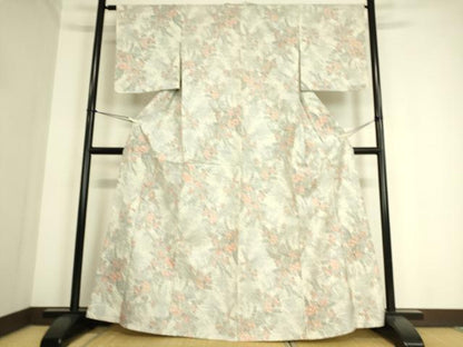 平和屋着物▽上質な紬　単衣　草花文　正絹　逸品　DAAS0970az