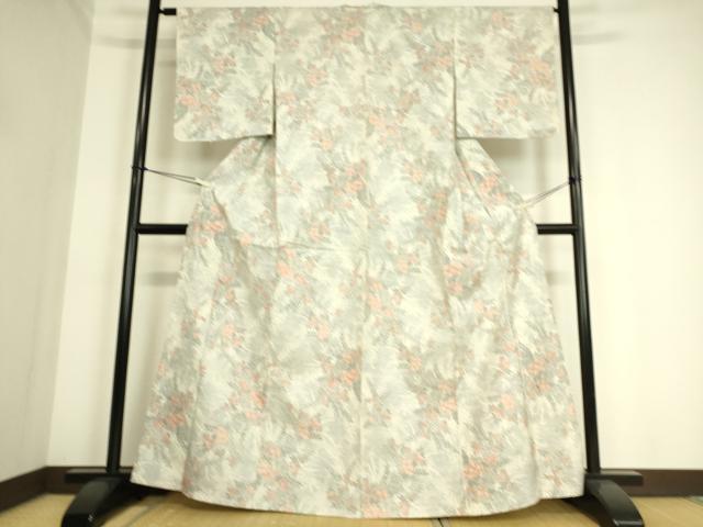 平和屋着物▽上質な紬　単衣　草花文　正絹　逸品　DAAS0970az