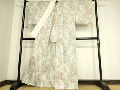 平和屋着物▽上質な紬　単衣　草花文　正絹　逸品　DAAS0970az