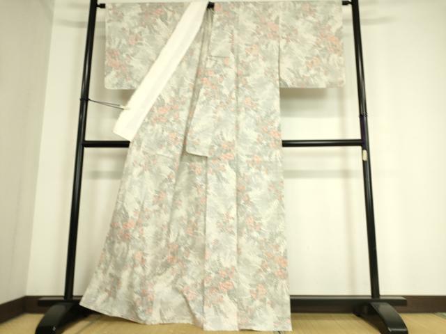 平和屋着物▽上質な紬　単衣　草花文　正絹　逸品　DAAS0970az