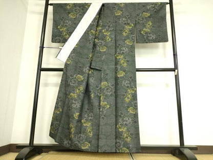 平和屋着物▽上質な紬 単衣 亀甲花文 正絹 DAAS0972az