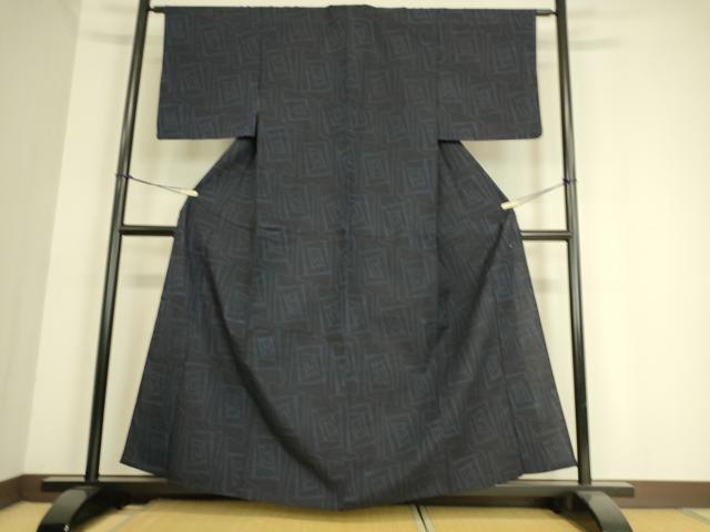 平和屋着物▽結城紬 単衣 幾何学花文 正絹 逸品 DAAS0982az