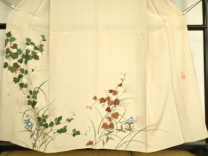 平和屋着物▽訪問着　単衣　作家物　草花文　金彩　正絹　逸品　DAAS0997az