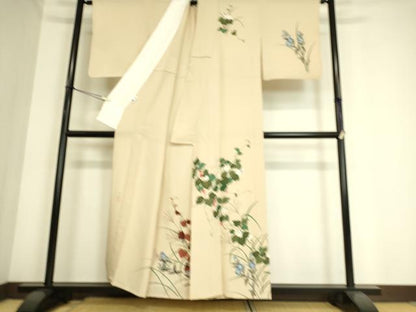 平和屋着物▽訪問着　単衣　作家物　草花文　金彩　正絹　逸品　DAAS0997az