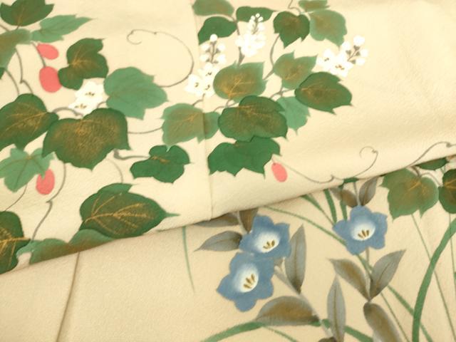 平和屋着物▽訪問着　単衣　作家物　草花文　金彩　正絹　逸品　DAAS0997az