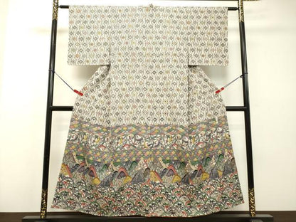 平和屋着物●色留訪問着　本場琉球紅型　横段草花文　鬼しぼ縮緬　京都きもの友禅扱い　正絹　逸品　DAAS2104tw