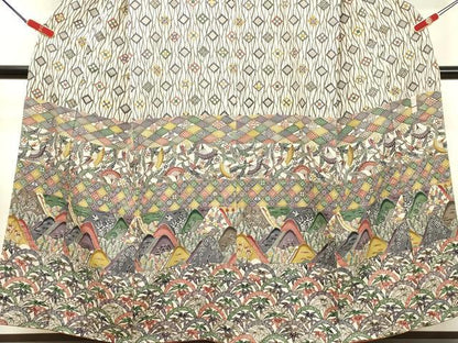 平和屋着物●色留訪問着　本場琉球紅型　横段草花文　鬼しぼ縮緬　京都きもの友禅扱い　正絹　逸品　DAAS2104tw