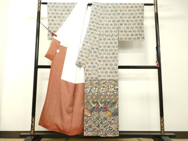 平和屋着物●色留訪問着　本場琉球紅型　横段草花文　鬼しぼ縮緬　京都きもの友禅扱い　正絹　逸品　DAAS2104tw