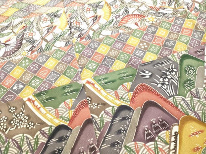 平和屋着物●色留訪問着　本場琉球紅型　横段草花文　鬼しぼ縮緬　京都きもの友禅扱い　正絹　逸品　DAAS2104tw