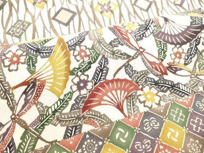 平和屋着物●色留訪問着　本場琉球紅型　横段草花文　鬼しぼ縮緬　京都きもの友禅扱い　正絹　逸品　DAAS2104tw