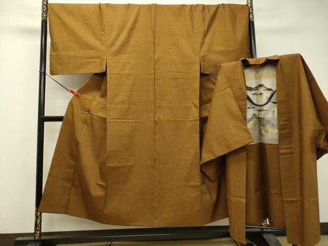 平和屋着物●男性　紬　アンサンブル　黄唐茶色　キングサイズ　正絹　逸品　DAAS2371tw