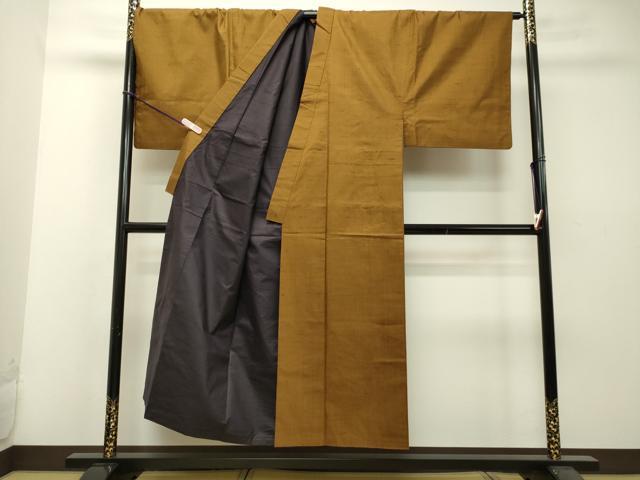 平和屋着物●男性　紬　アンサンブル　黄唐茶色　キングサイズ　正絹　逸品　DAAS2371tw