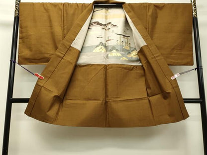 平和屋着物●男性　紬　アンサンブル　黄唐茶色　キングサイズ　正絹　逸品　DAAS2371tw