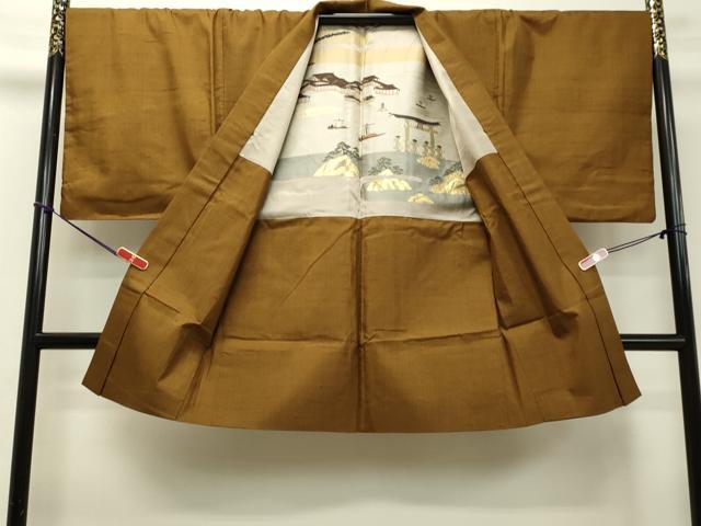平和屋着物●男性　紬　アンサンブル　黄唐茶色　キングサイズ　正絹　逸品　DAAS2371tw