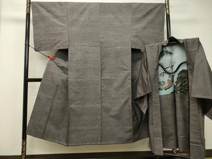 平和屋着物●男性　紬　アンサンブル　紫鼠色　正絹　逸品　未使用　DAAS2491tw