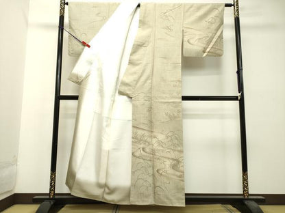平和屋着物●訪問着　紬地　流水群れ鳥文　正絹　逸品　DAAS2517tw