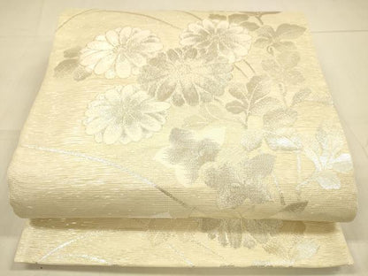 平和屋着物＊夏物 六通柄袋帯 草花文 銀糸 正絹 逸品 DAAS2532cm