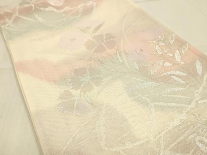 平和屋着物＊夏物 六通柄袋帯 草花文 銀糸 正絹 逸品 DAAS2550cm