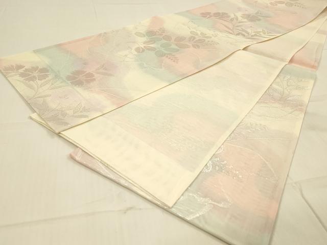平和屋着物＊夏物 六通柄袋帯 草花文 銀糸 正絹 逸品 DAAS2550cm