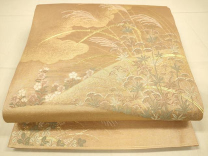 平和屋着物＊夏物 六通柄袋帯 芒に藤袴 金糸 正絹 逸品 DAAS2553cm