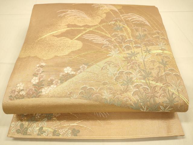 平和屋着物＊夏物 六通柄袋帯 芒に藤袴 金糸 正絹 逸品 DAAS2553cm
