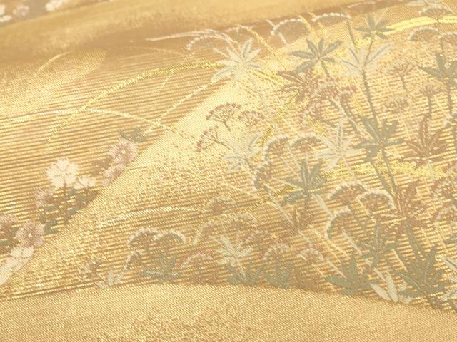 平和屋着物＊夏物 六通柄袋帯 芒に藤袴 金糸 正絹 逸品 DAAS2553cm