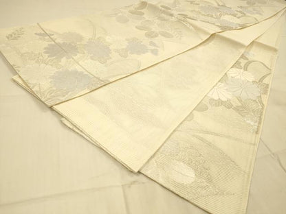 平和屋着物＊夏物 六通柄袋帯 草花文 銀糸 正絹 逸品 DAAS2555cm