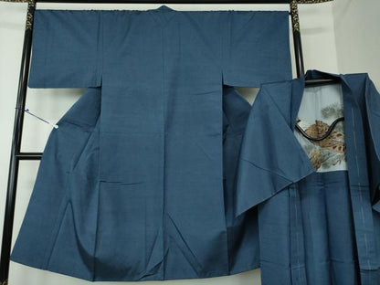 平和屋着物●男性 紬 アンサンブル 長羽織 色無地 紺地 正絹 逸品 DAAS3091ps