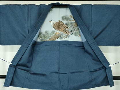 平和屋着物●男性 紬 アンサンブル 長羽織 色無地 紺地 正絹 逸品 DAAS3091ps