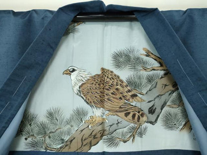 平和屋着物●男性 紬 アンサンブル 長羽織 色無地 紺地 正絹 逸品 DAAS3091ps