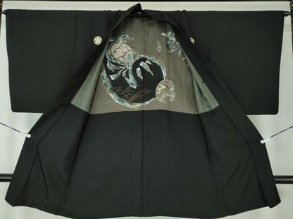 平和屋着物●男性 黒紋付 長羽織セット 正絹 逸品 DAAS3093ps
