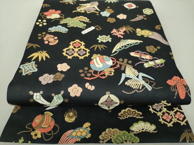 平和屋着物●九寸開き名古屋帯　唐織　宝尽くし花文　黒地　金糸　正絹　逸品　DAAS3103ps