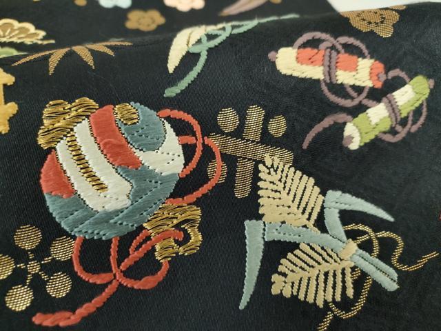 平和屋着物●九寸開き名古屋帯　唐織　宝尽くし花文　黒地　金糸　正絹　逸品　DAAS3103ps